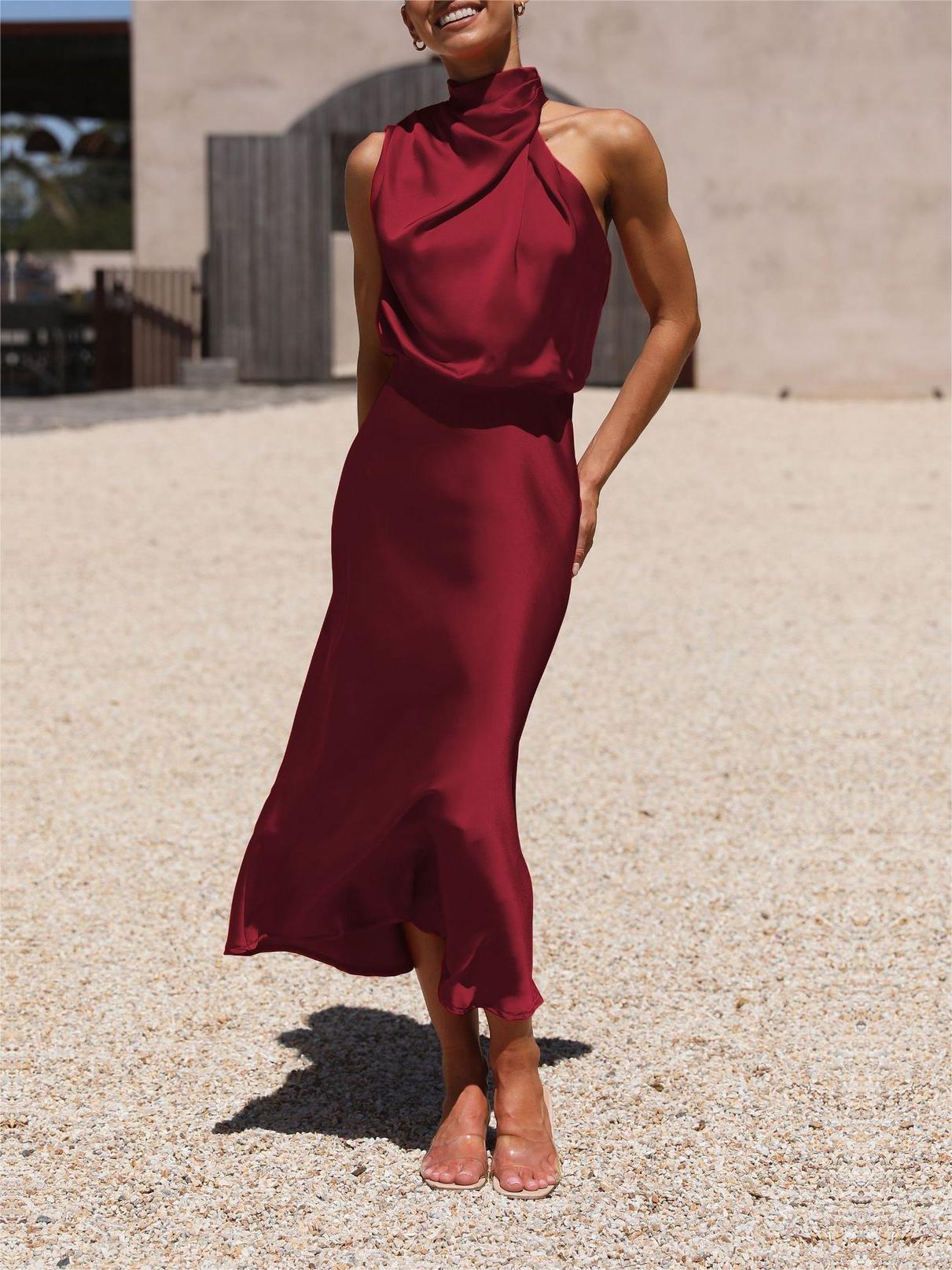 Mock Neck Keyhole Elastic High Waist Maxi Dress