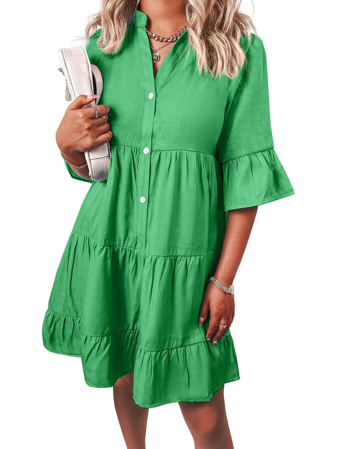 Women¡®s Casual V Neck Ruffle Short Sleeve Summer Dress