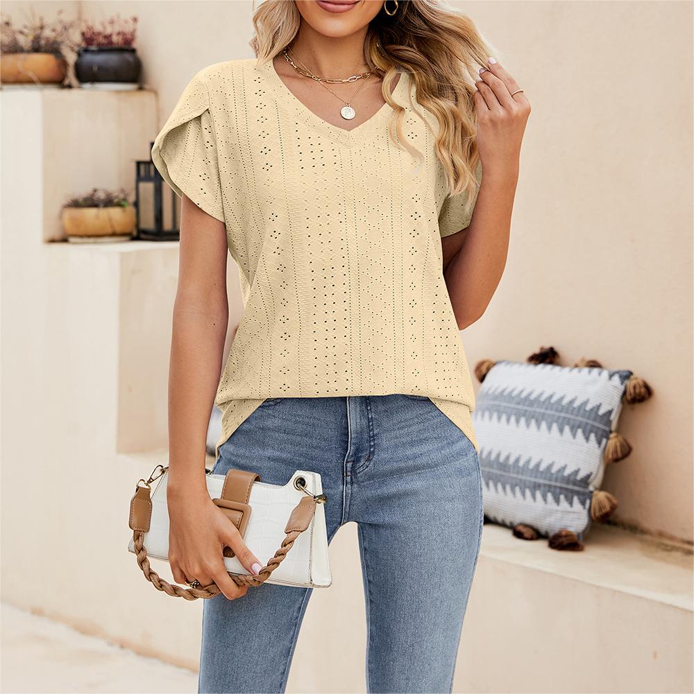 Solid color V-neck tile sleeve short-sleeved T-shirt