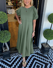 Women's Solid Puff Sleeve Long Dress With Pockets
