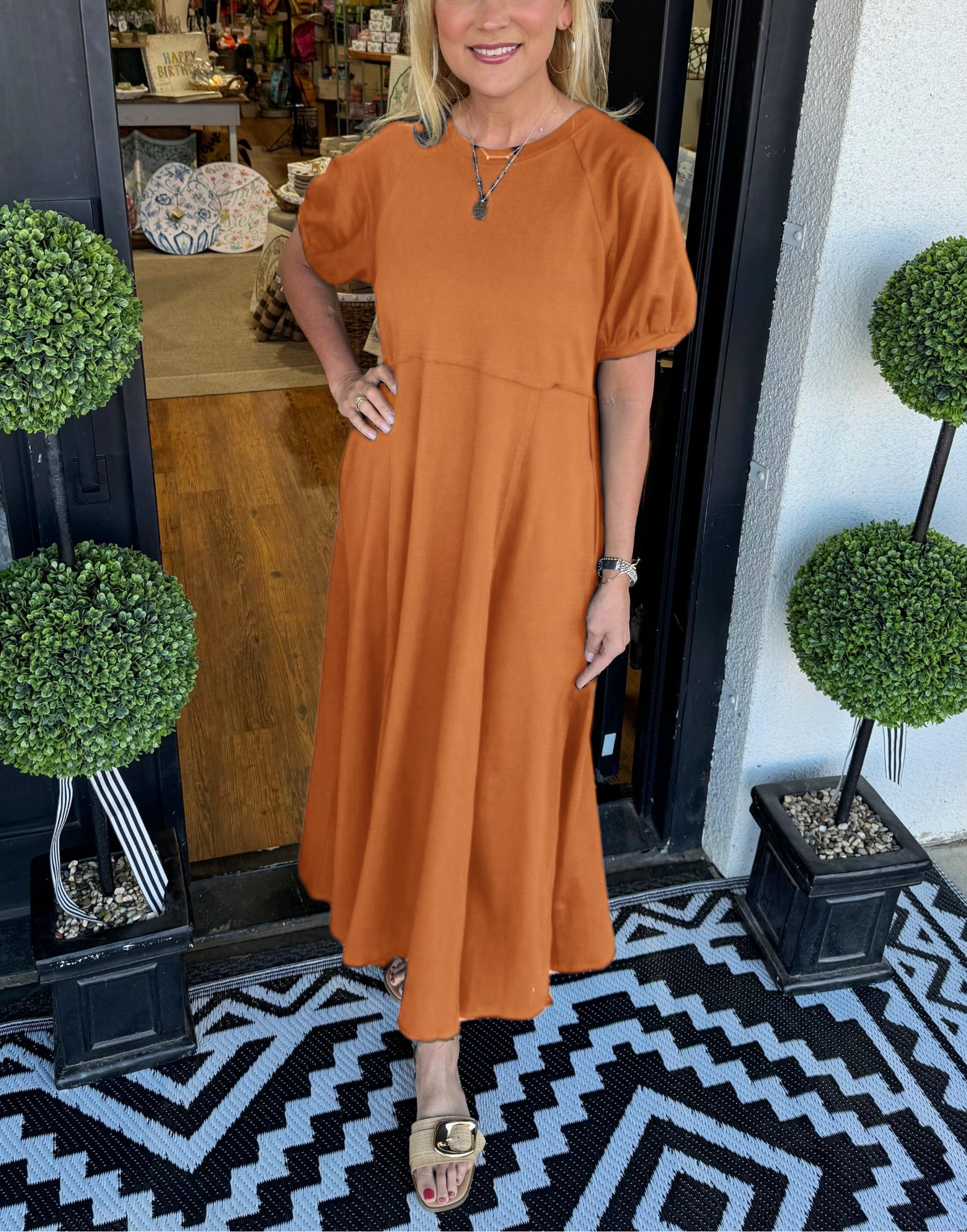 Women's Solid Puff Sleeve Long Dress With Pockets