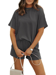 Women's Crew Neck Ribbed Textured Shorts Set