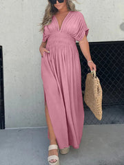 V-neck Dress With Slit And Gathered Waist