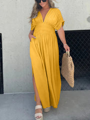 V-neck Dress With Slit And Gathered Waist