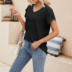 Solid color V-neck tile sleeve short-sleeved T-shirt