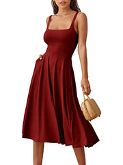 Casual Square Neck Sleeveless   Beach Midi Dress
