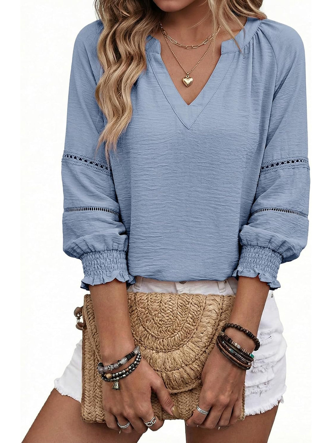 Women's 3/4 Sleeve V Neck Pleated Business Tops