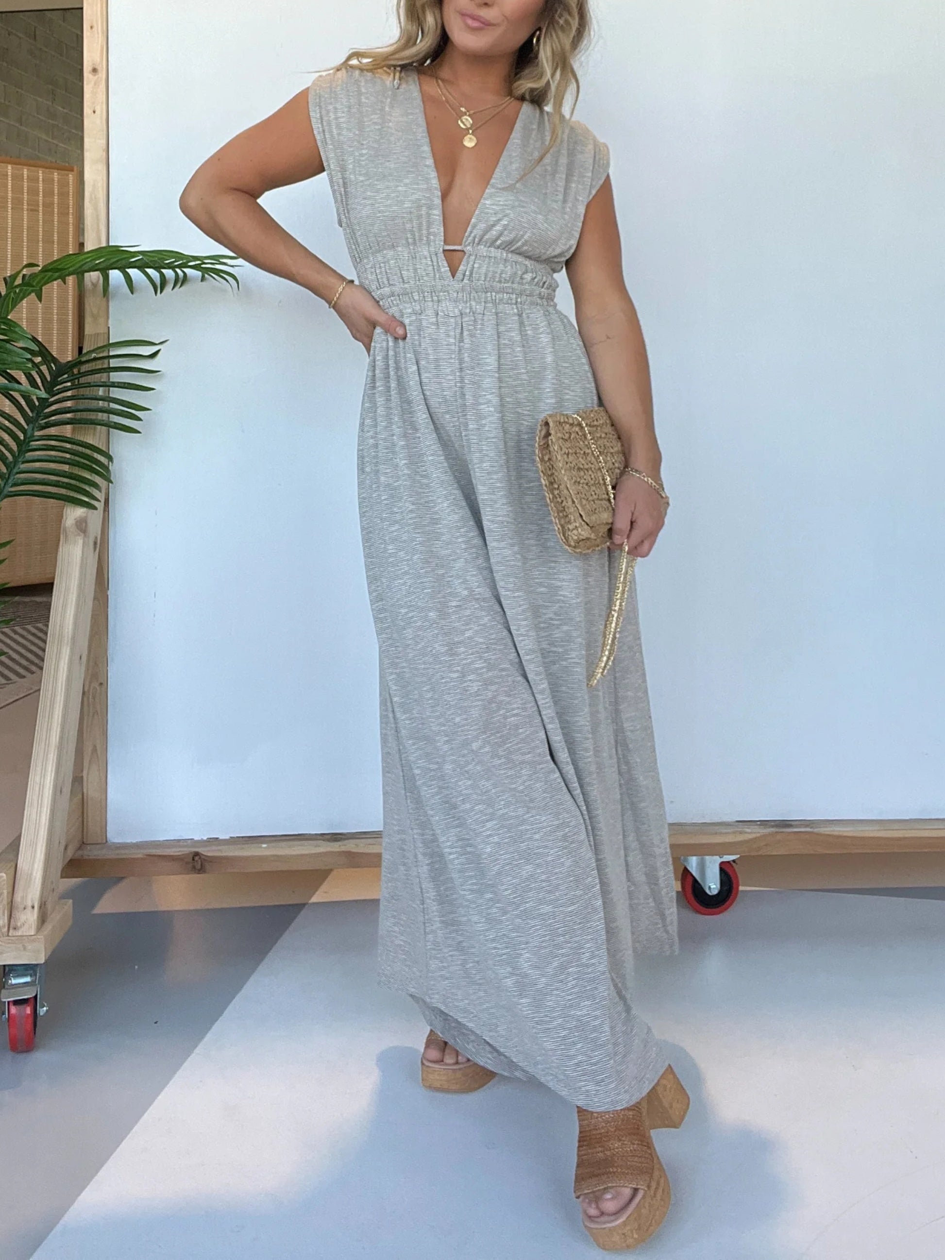 Deep V Sleeveless High Waist Jumpsuit