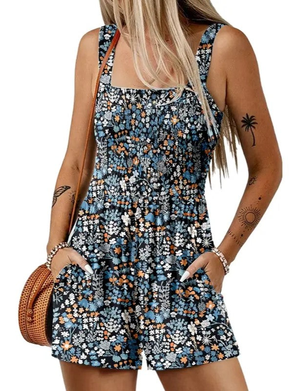 Women's Sleeveless Loose Floral Print Romper with Pockets