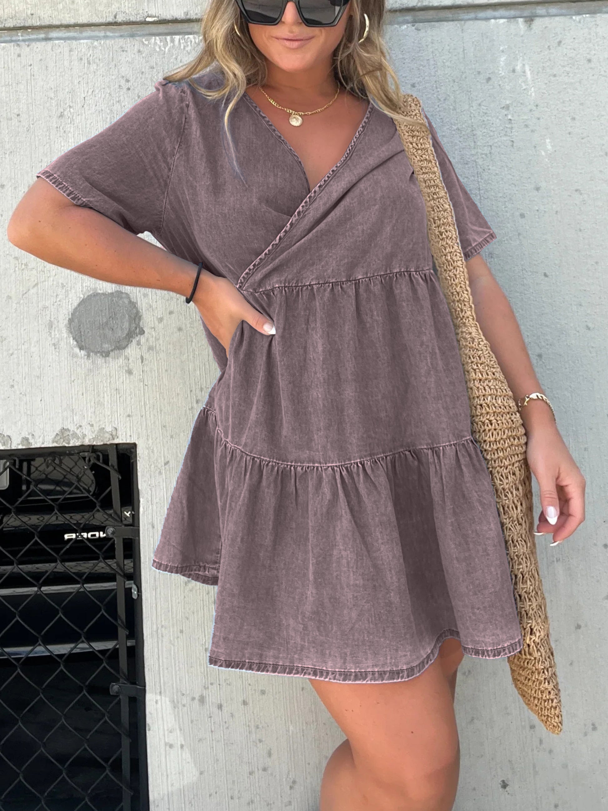 Denim Ruffle V-Neck Mini Dress