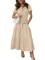 Women's V neck Ruched Spring/Summer Maxi Dress