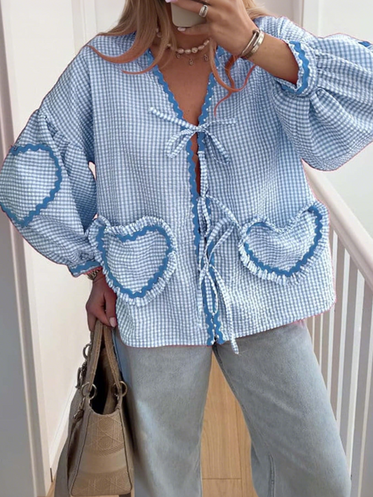 Women's Cute Long Sleeve Tie-Front Gingham Heart Blouse
