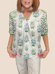 Women's V Neck Puff Sleeve Floral Print Blouse