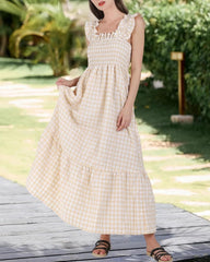 Women's Retro Plaid Smocked Flounce Long Dress