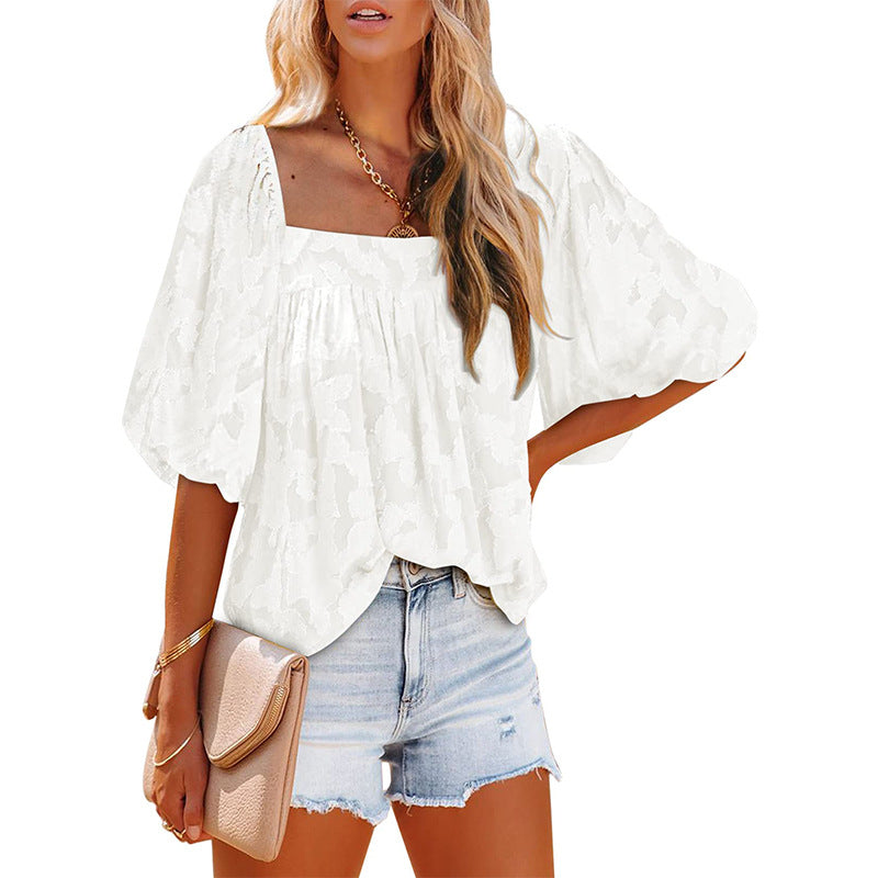 Ladies Square Collar Jacquard Chiffon Loose Tops