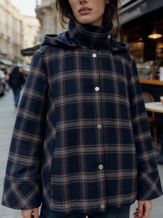 Women's High-Neck Checked Hooded Quilted Coat