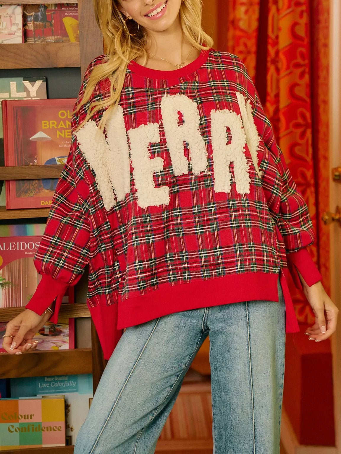"MERRY" Fuzzy Letter Patches Christmas Plaid Sweatshirt