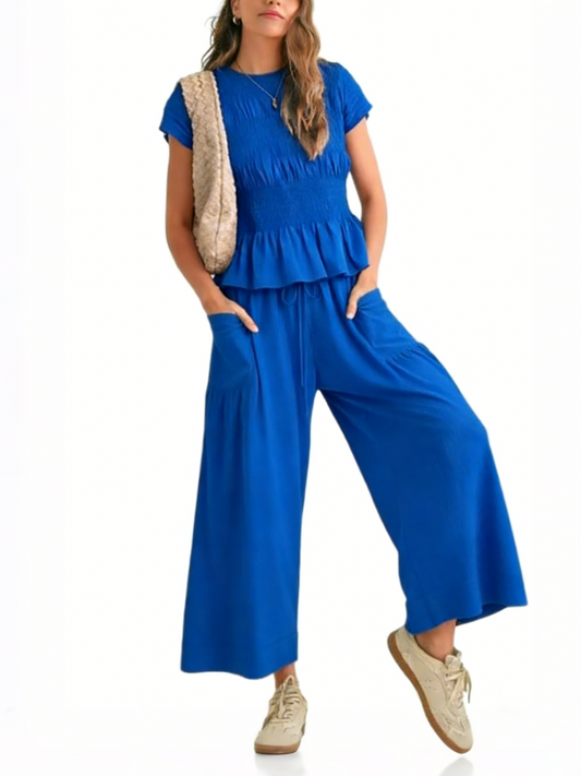 Women's Ruched Ruffle Top & Wide-Leg Pants Two-Piece Set
