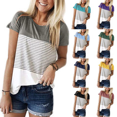 Striped Panel Crew Neck Short Sleeve Casual T-Shirt