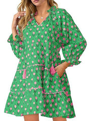 Women's Floral Ruffle V Neck Boho Babydoll Dresses with Pockets