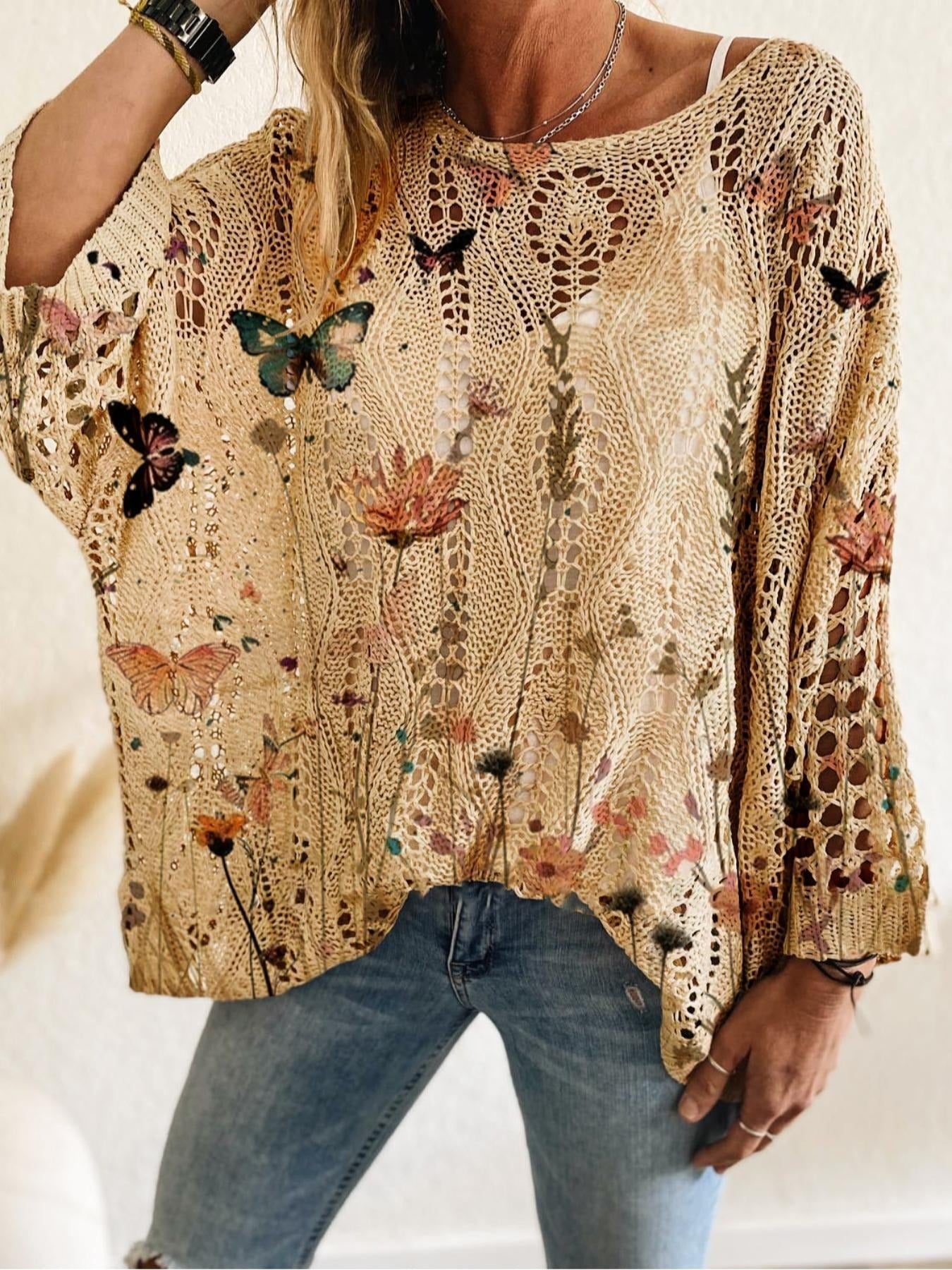 Women's Batwing Sleeve Print Hollow-Out Knit Top