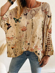 Women's Batwing Sleeve Print Hollow-Out Knit Top