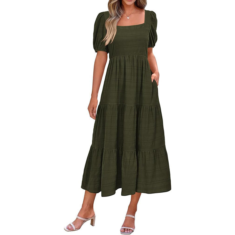 Puff Sleeve Smocked Flowy  Midi Dress