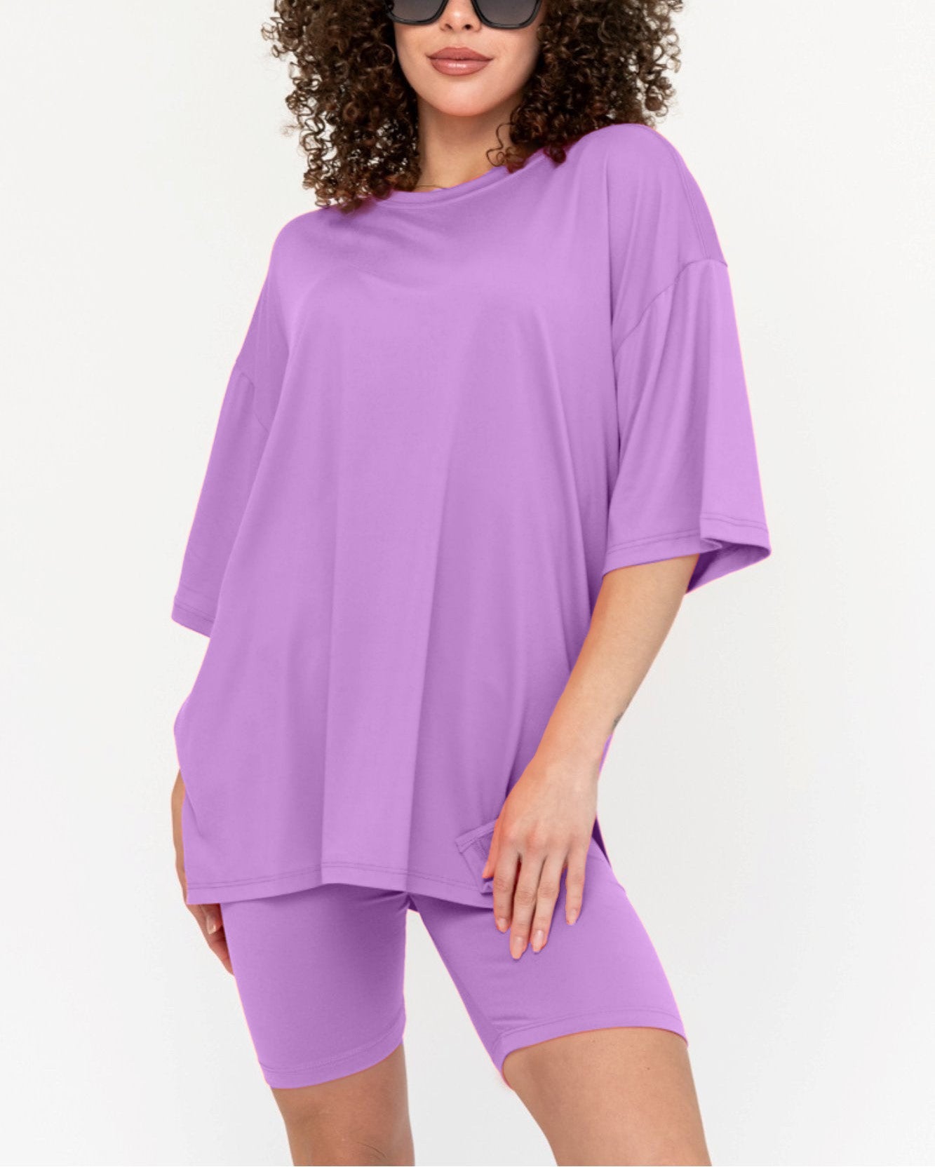 Women's Oversized Solid Biker Short Set
