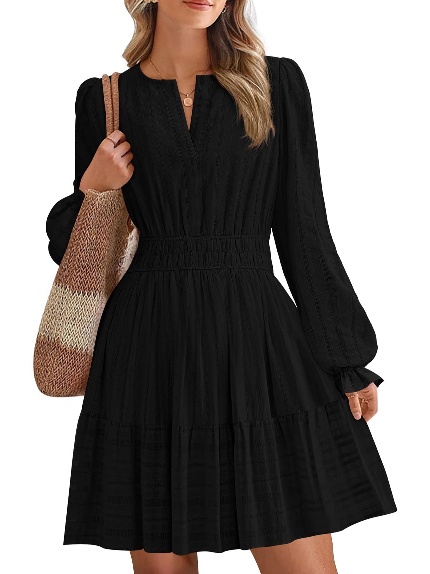 Women's Tiered Ruffle Hem V-Neck Dress