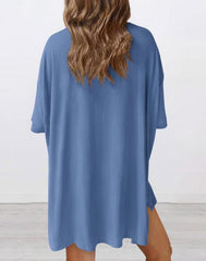 Women's Round Neck Side Slit Short Sleeve Top Tight Shorts Set