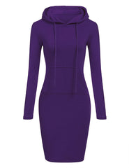 Women Pocket Knee Length Slim Casual Pullover Hoodie Dress