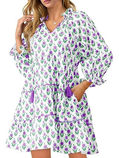 Women's Floral Ruffle V Neck Boho Babydoll Dresses with Pockets