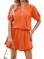 Women Half Zip Up Tops and Ruffled Shorts Lounge Set