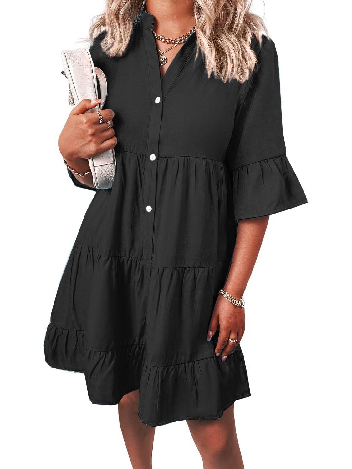Women¡®s Casual V Neck Ruffle Short Sleeve Summer Dress