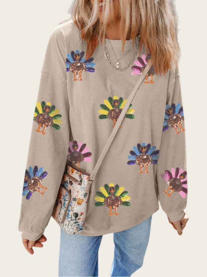 Women's Sequin Turkey Patch Thanksgiving Corduroy Sweatshirt