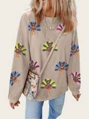 Women's Sequin Turkey Patch Thanksgiving Corduroy Sweatshirt