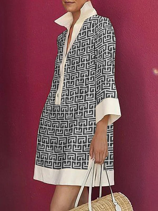 Women's Three-Quarter Sleeves Printed Lapel Shirt Dress
