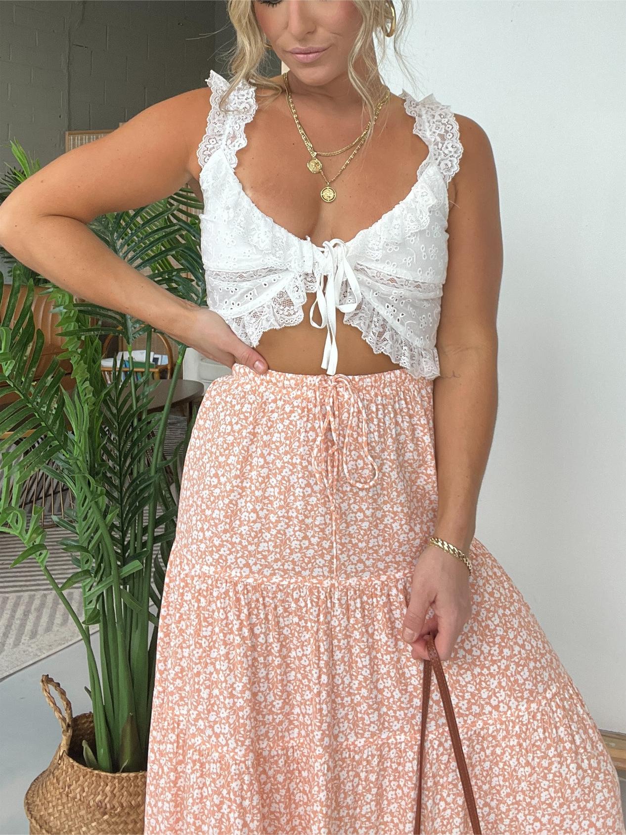 Ditsy Mini Cut Out Top and Floral Printed Maxi Skirt Set
