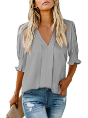 Women's Solid Casual V Neck Puff Sleeve Shirts