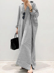Women's Long Sleeve Button Down Loose Striped Maxi Shirt Dress