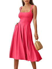 Casual Square Neck Sleeveless   Beach Midi Dress