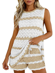 Women's Striped Knit Sleeveless Top and Shorts Co-ord Set