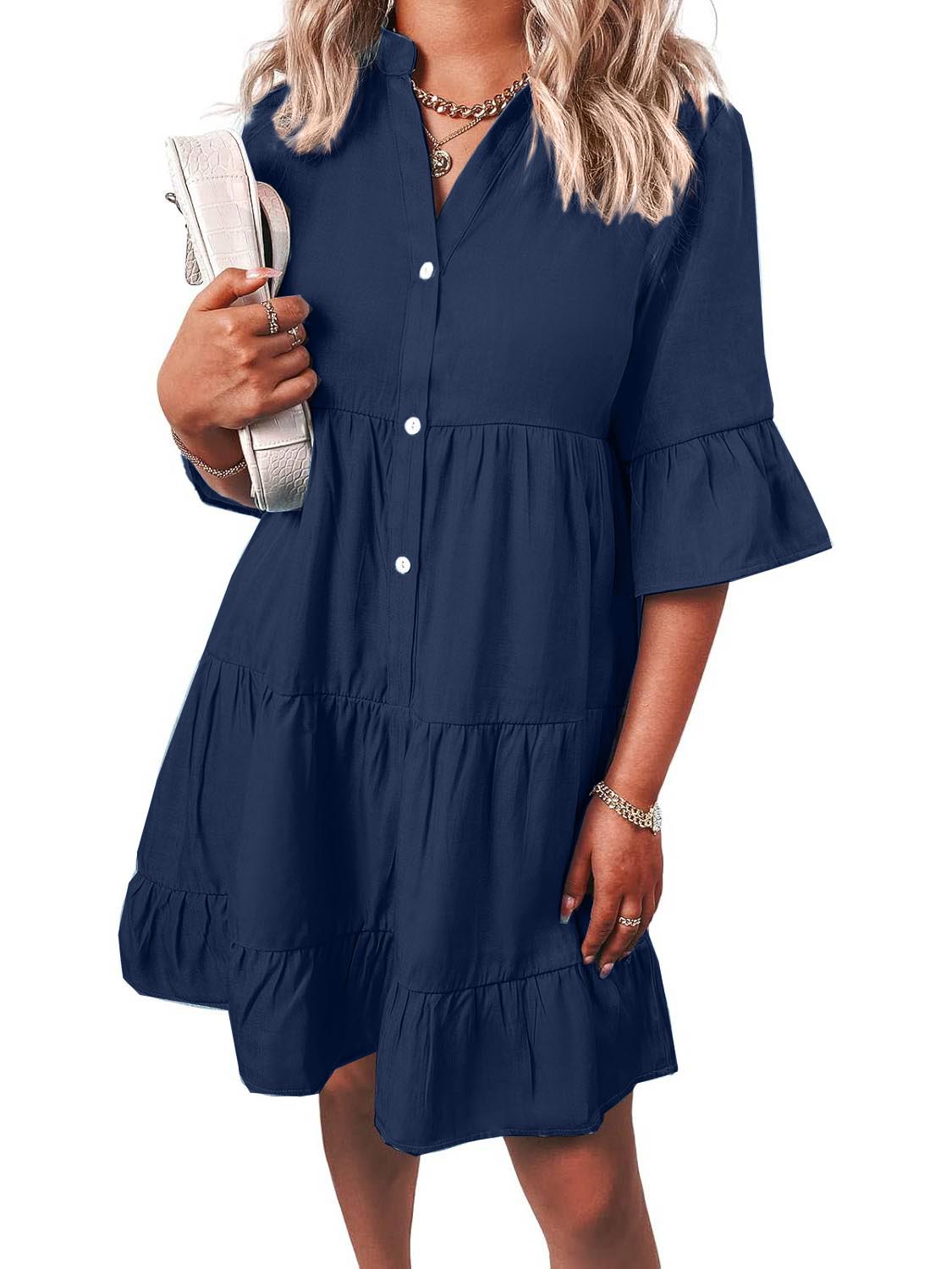 Women¡®s Casual V Neck Ruffle Short Sleeve Summer Dress