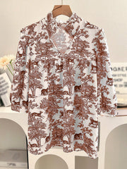 Women's V-neck Ruffle Collar Printed Shirts