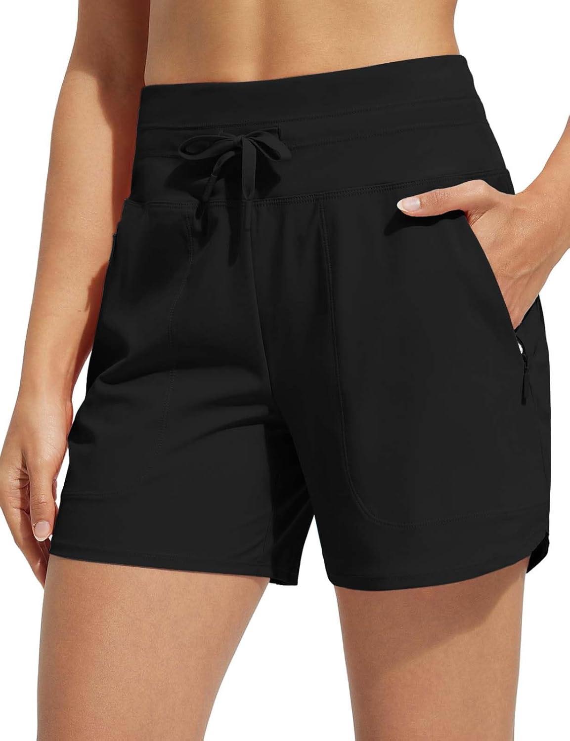 Women's 5 Inseam Drawstring High Waisted Quick Dry Swim Shorts