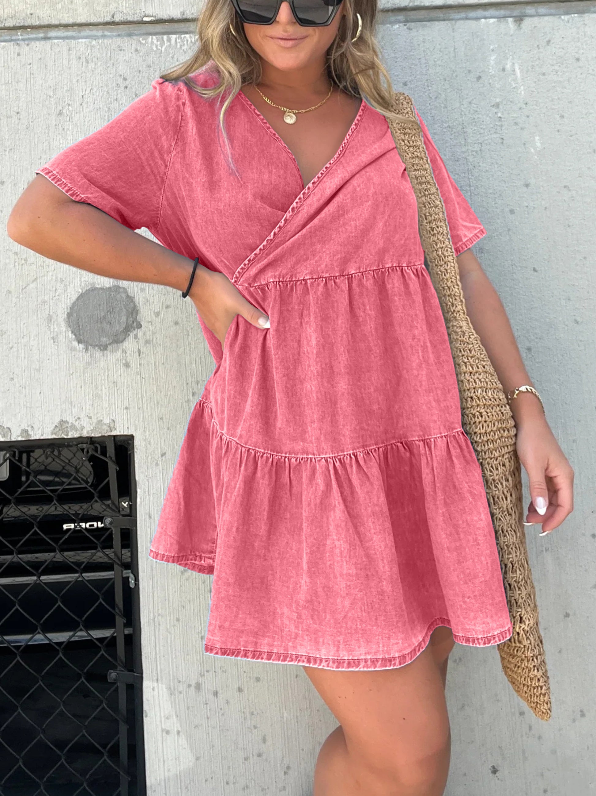 Denim Ruffle V-Neck Mini Dress