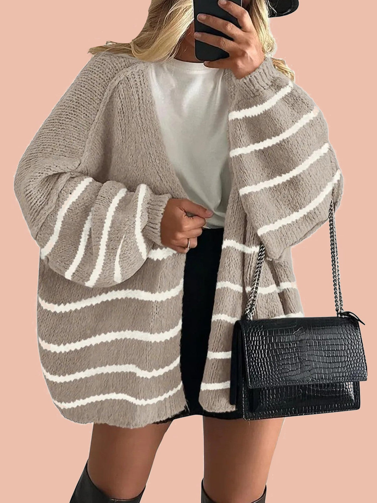 Women's Oversized Balloon Sleeve Striped Cardigan