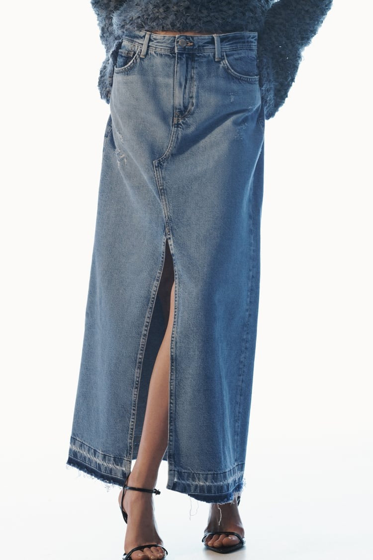 Front Slit Fringe Denim Skirt