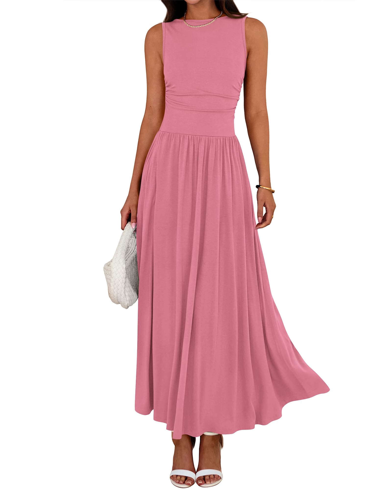 Women's Solid Sleeveless Ruched High Waisted Tank Dress with Pockets