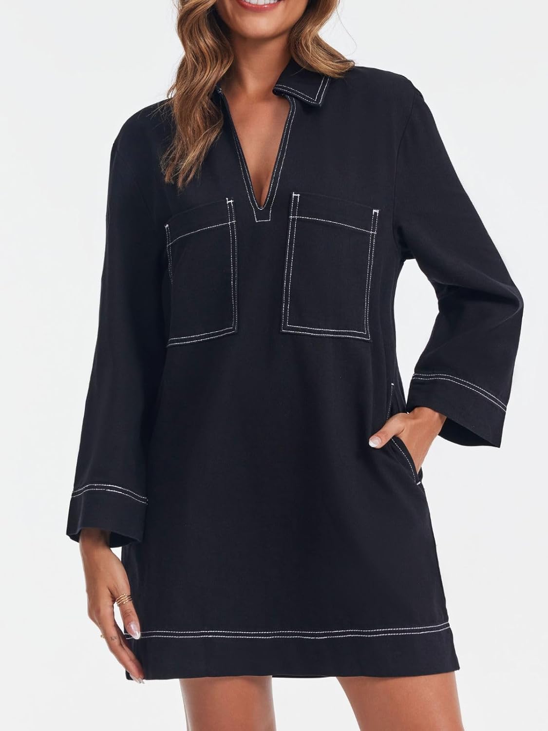 Women's Deep V Neck Denim Shirt Dress with Pockets
